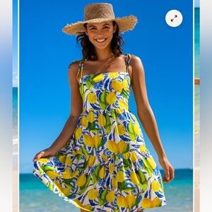 Kenny Flowers NWT Positano Lemon Print Tiered Mini Dress Yellow Blue White XS